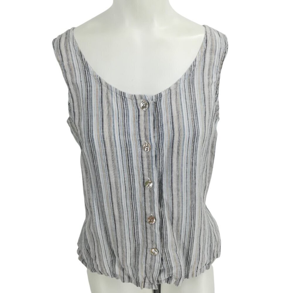 TSD Two Star Dog 100% Linen Striped Sleeveless Button Front Blouse Size S Blue